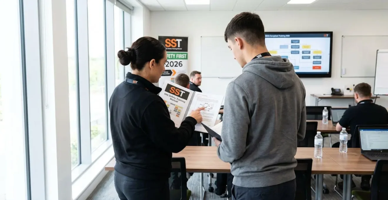 Un formateur SST de dos montre un manuel de formation officiel à un stagiaire dans une salle de formation moderne et lumineuse