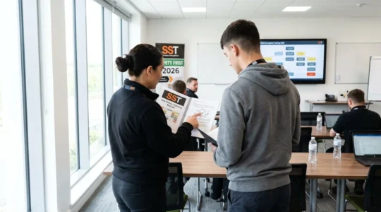 Un formateur SST de dos montre un manuel de formation officiel à un stagiaire dans une salle de formation moderne et lumineuse