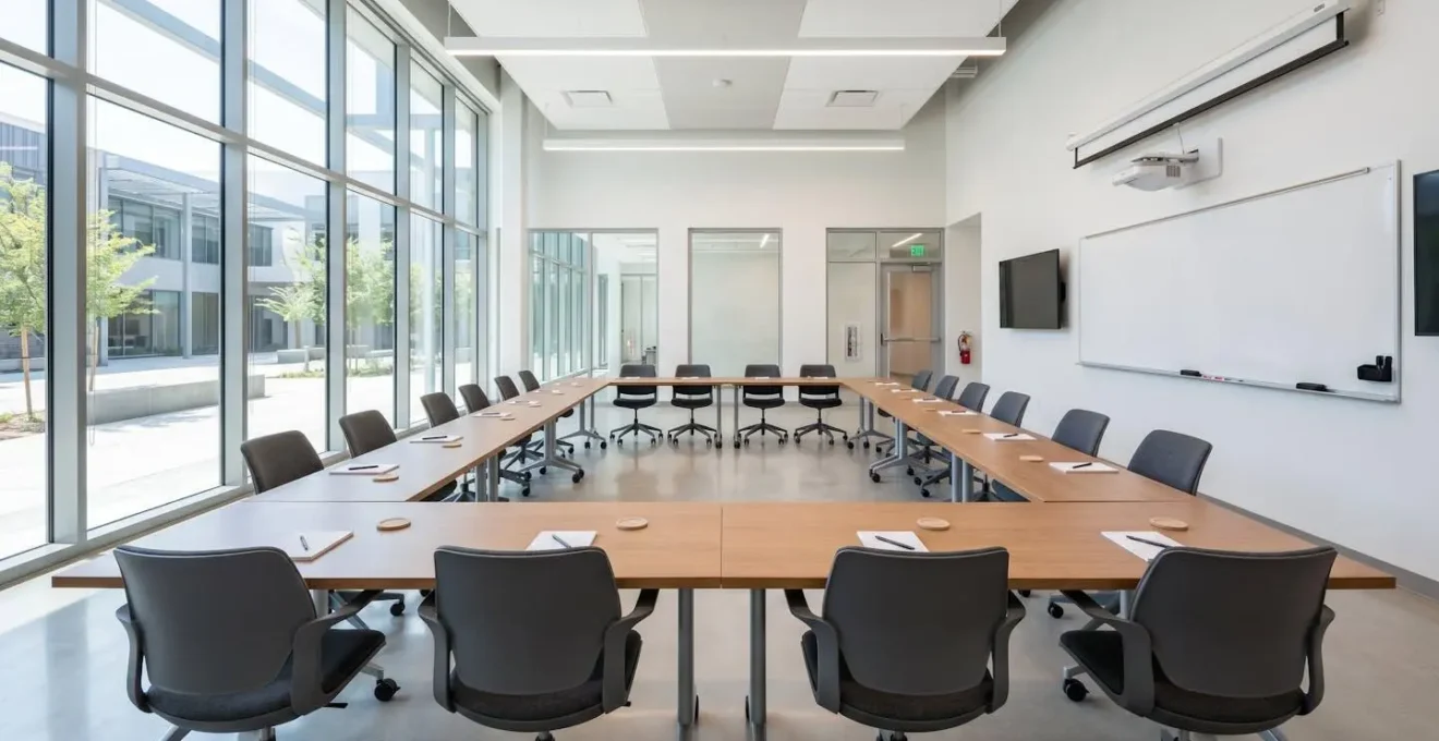 Salle de formation professionnelle vide avec tables disposées en U, tableau blanc au fond et grande fenêtre diffusant une lumière naturelle
