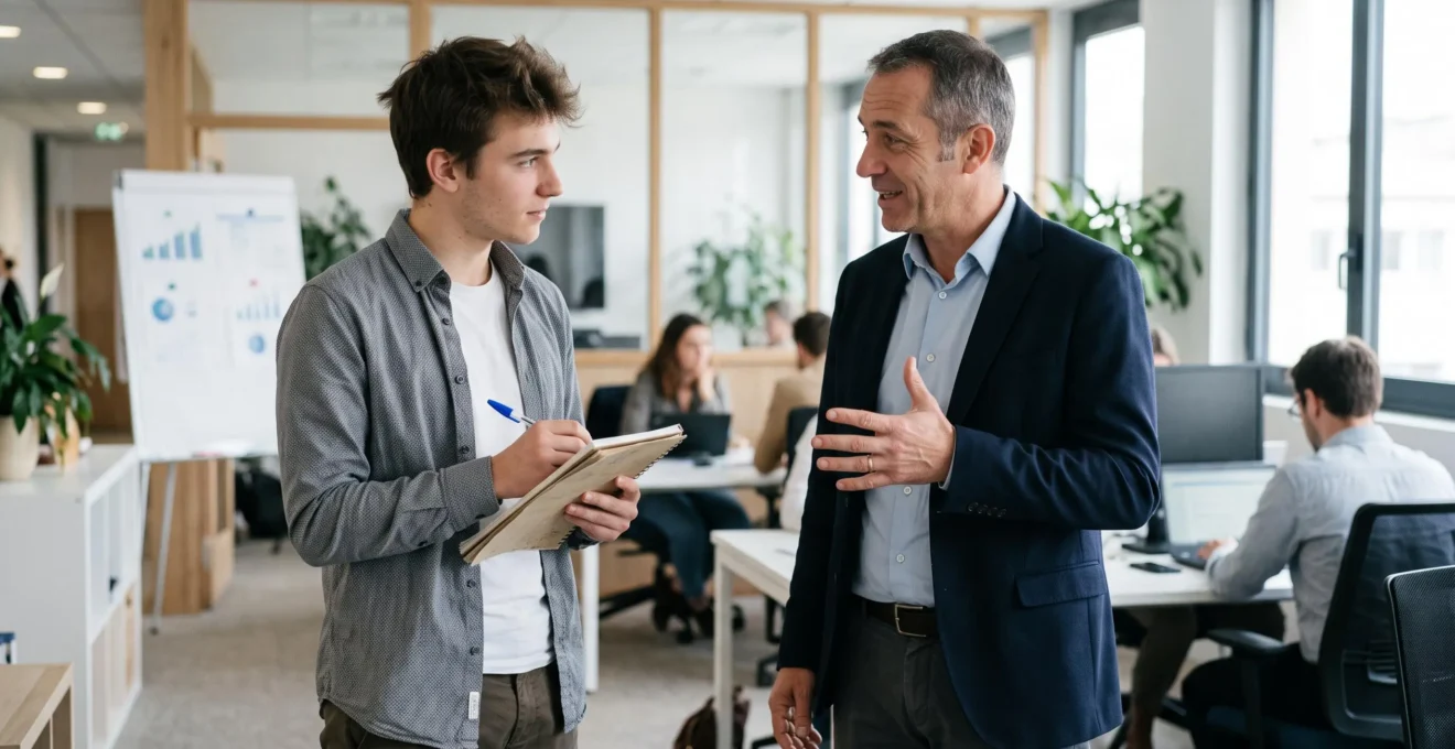 Jeune alternant commercial recevant des conseils de son tuteur professionnel sur le terrain