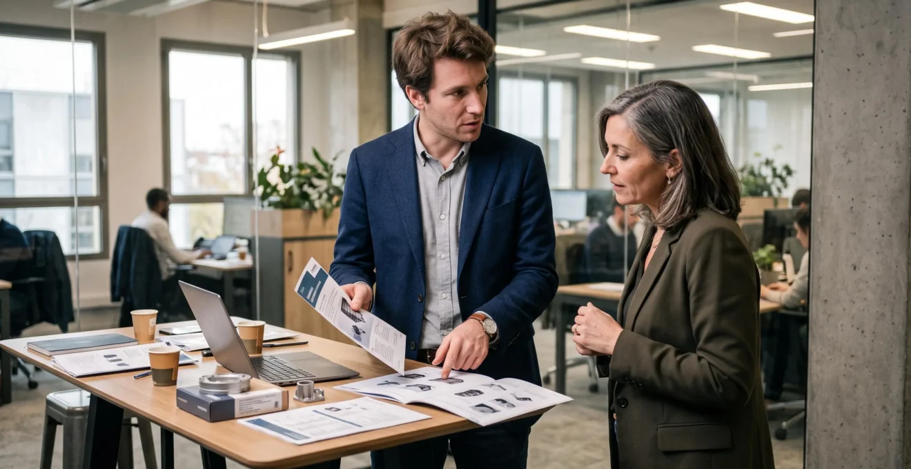 Commercial itinérant présentant des produits à un client lors d'une visite professionnelle en entreprise