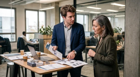 Commercial itinérant présentant des produits à un client lors d'une visite professionnelle en entreprise