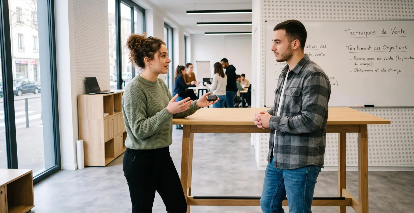 Deux jeunes en formation pratiquant des techniques de vente lors d'une mise en situation dans un centre de formation